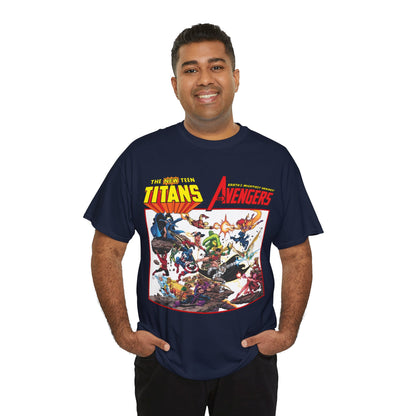 New Teen Titans Vs Avengers T-Shirt - George Perez Art - Hawkeye, Wonder Man, Raven, Starfire, Cyborg, Scarlet Witch, Wonder Girl - DC Comics & Marvel Comics