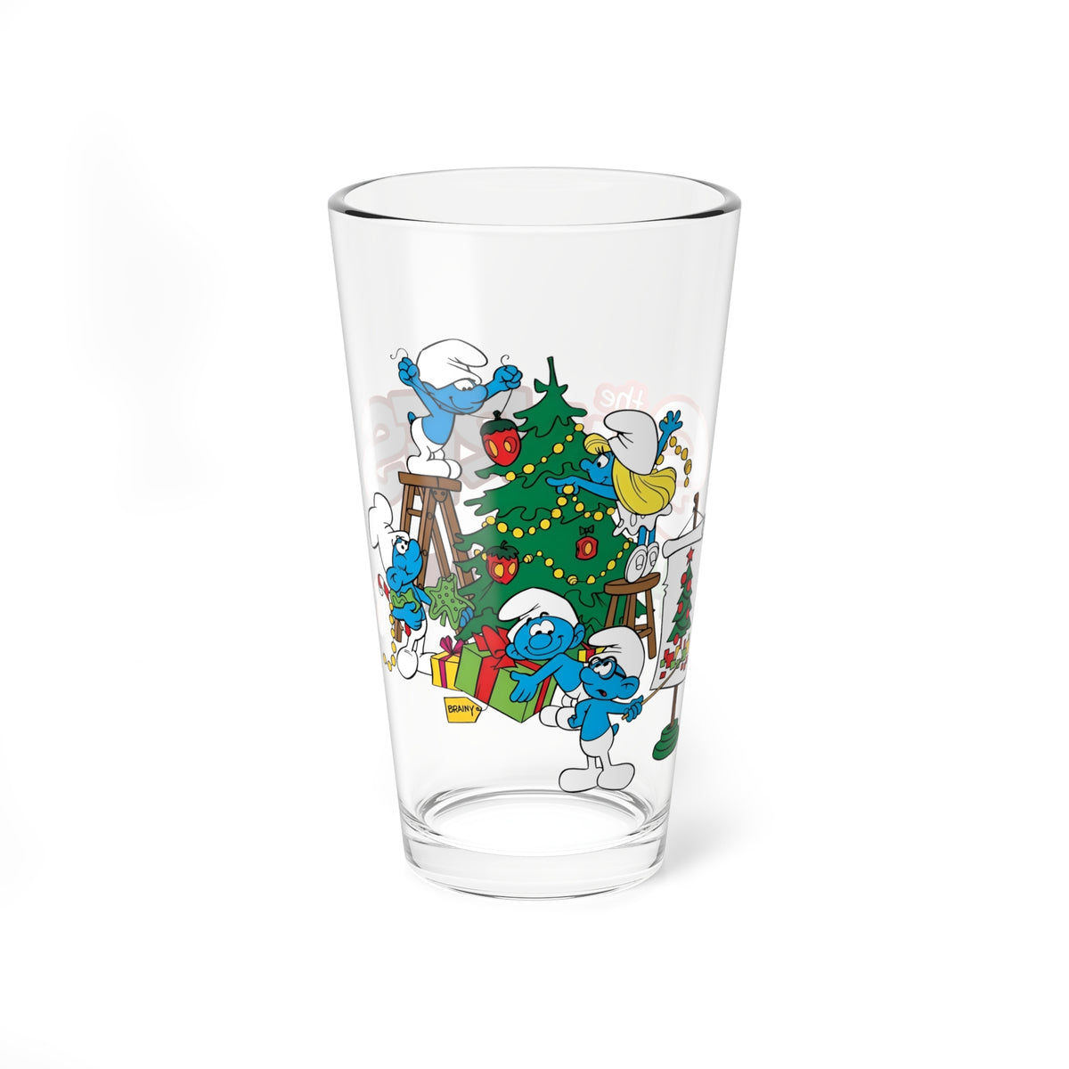 Smurfs Christmas Cartoon Pint Glass, 16oz Hanna-Barbera Smurfette Brainy Smurf Retro Festive Holiday Barware