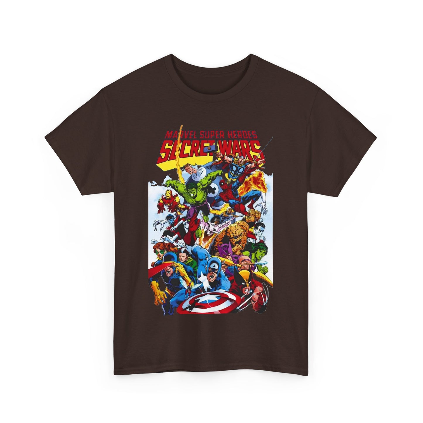 Secret Wars T-Shirt - Spider-man, Wolverine, Iron Man, Captain America, Cyclops, Rogue, Hulk, Mr Fantastic, The Thing - Classic Marvel Comics 1980s Series - The Beyonder