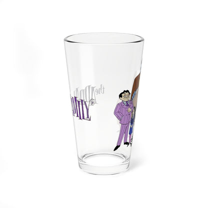 The Addams Family Pint Glass, 16oz - Hanna-Barbera Saturday Morning Cartoon 1970s - Morticia, Gomez, Pugsley, Wednesday, Lurch, Uncle Fester