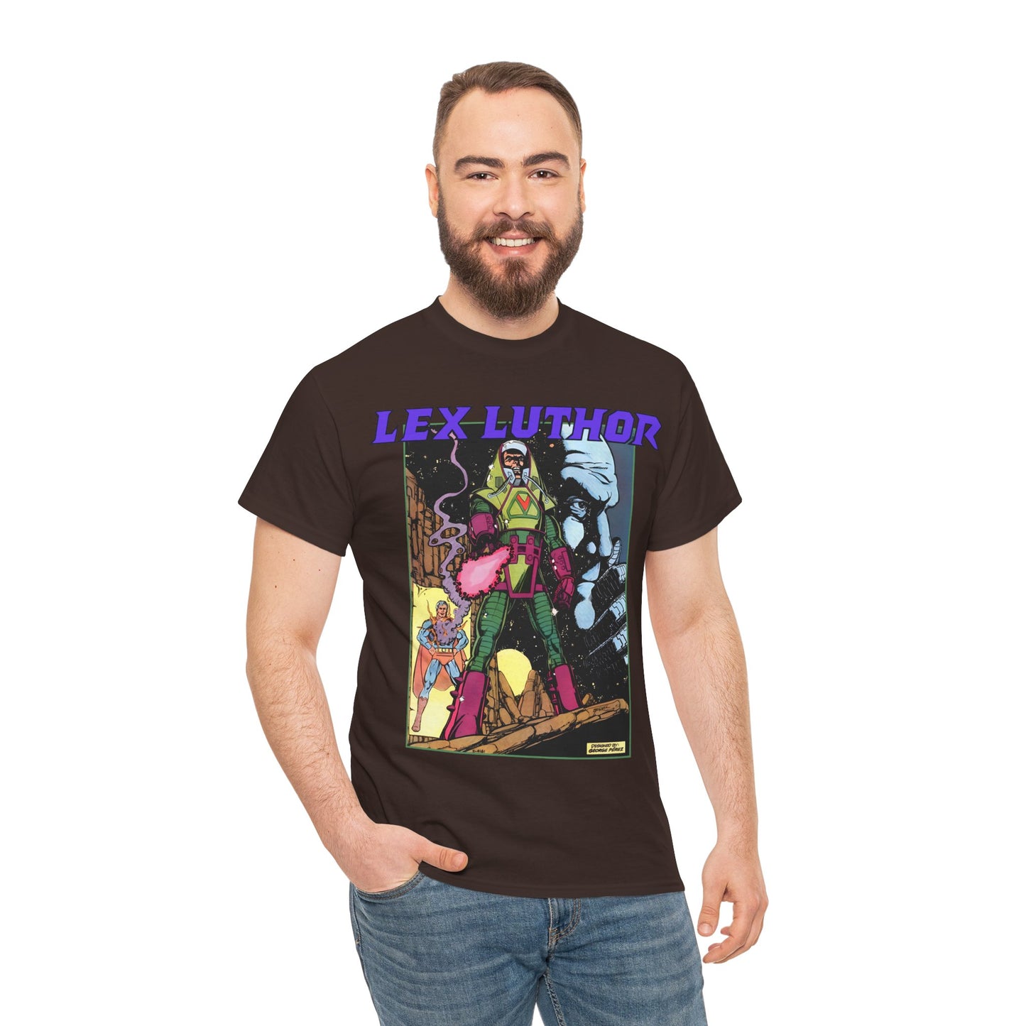 Lex Luthor T-Shirt - George Perez Art - 1980s DC Comics - Action Comics Armor - Inspiration for Super Powers Figure - Superman Enemy