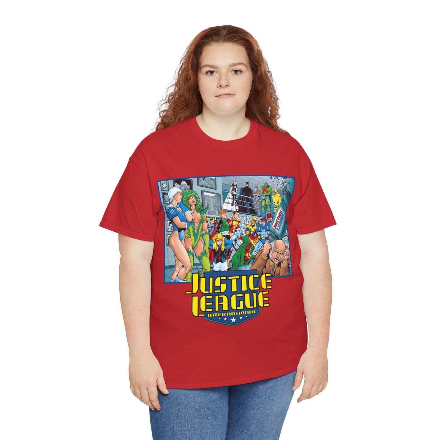 Justice League International T-Shirt - Kevin Maguire Art - Blue Beetle, Booster Gold, Martian Manhunter, Captain Atom, Batman, Fire, Ice - DC Comics - JLI