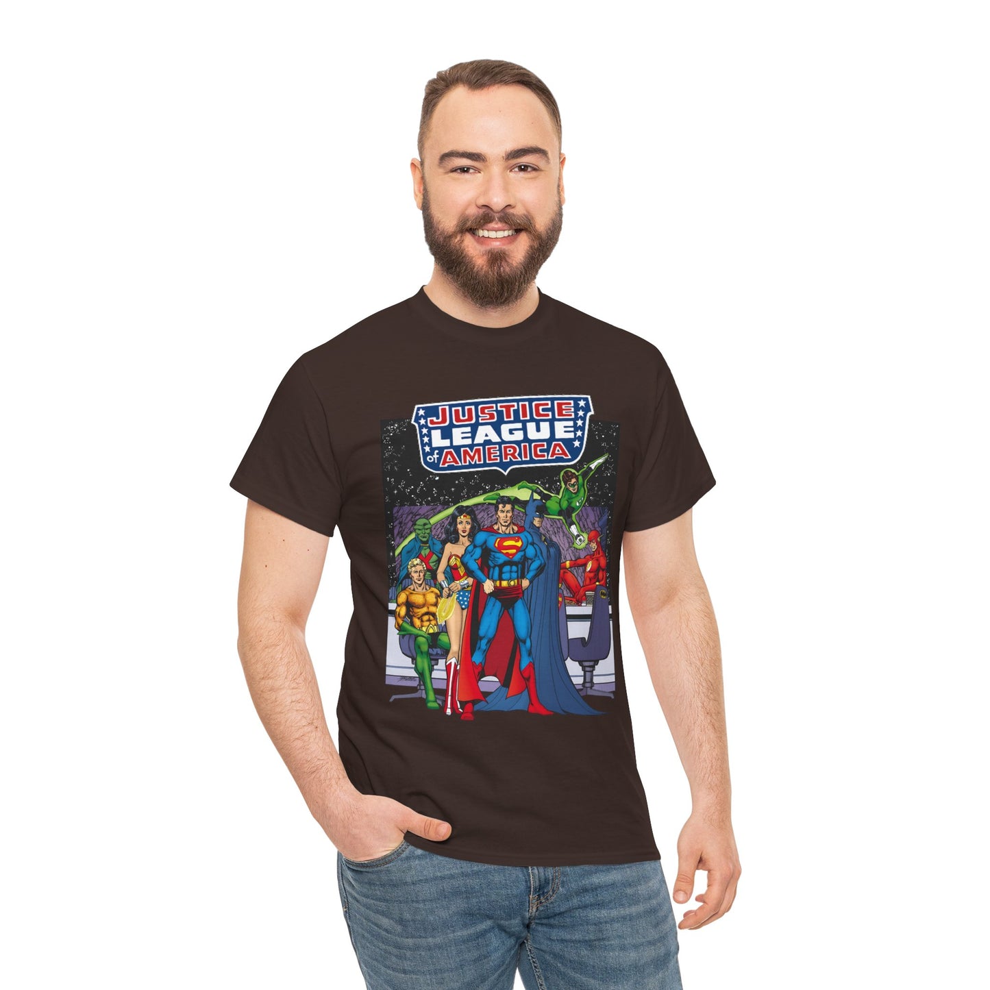 Justice League T-Shirt - George Perez Art - JLA Satellite Era - Superman, Wonder Woman, Green Lantern, Batman, Flash, Aquaman, Martian Manhunter - DC Comics