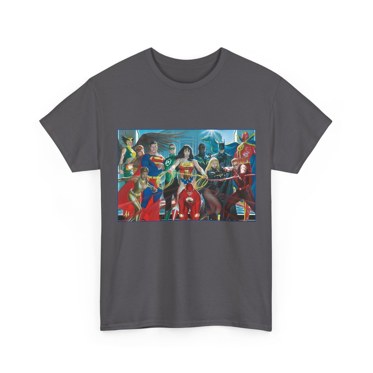 Justice League T-Shirt - Alex Ross Art - Superman, Wonder Woman, Batman, Flash, Black Canary, Vixen, Black Lightning, Green Lantern, Geo-Force, Red Tornado - DC Comics