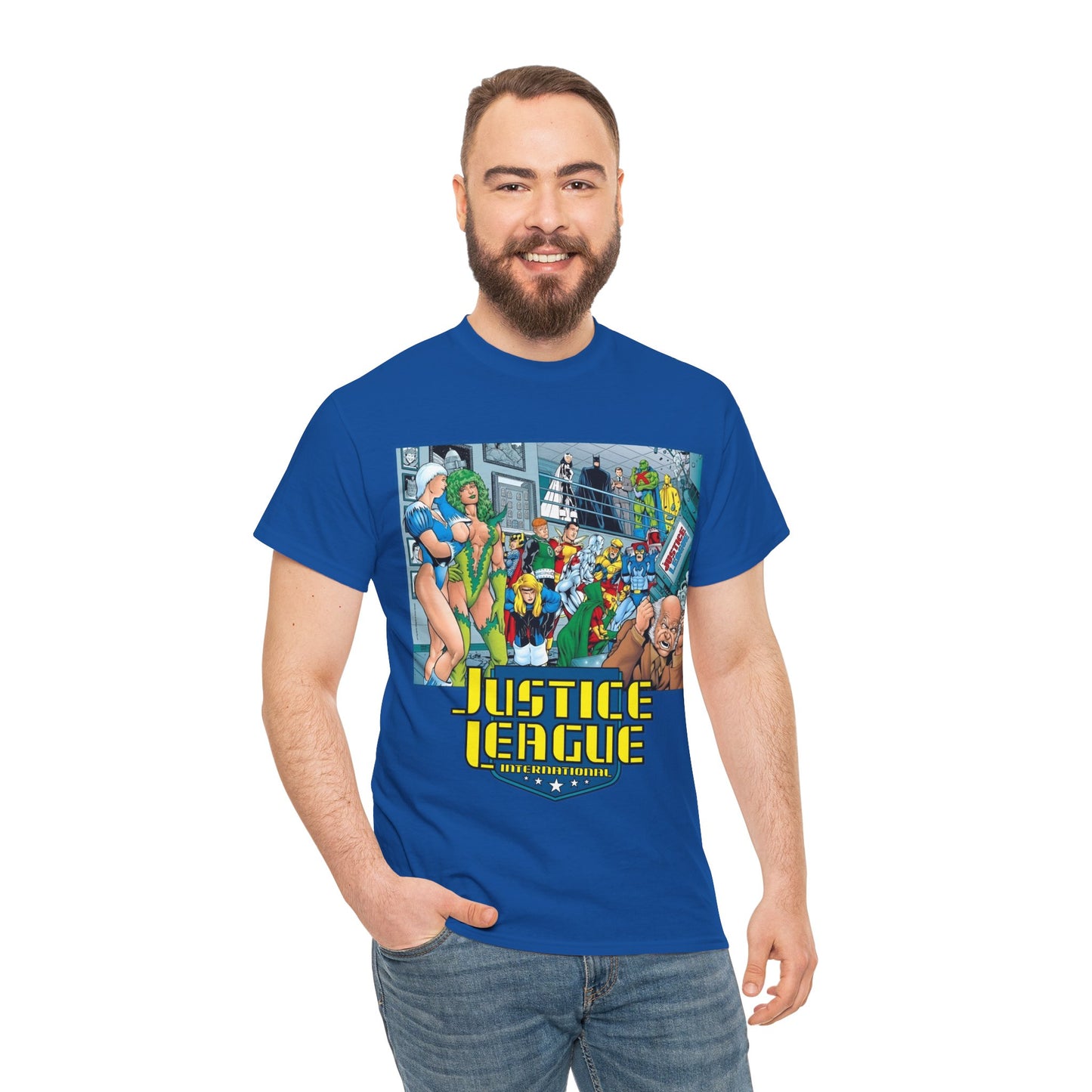 Justice League International T-Shirt - Kevin Maguire Art - Blue Beetle, Booster Gold, Martian Manhunter, Captain Atom, Batman, Fire, Ice - DC Comics - JLI