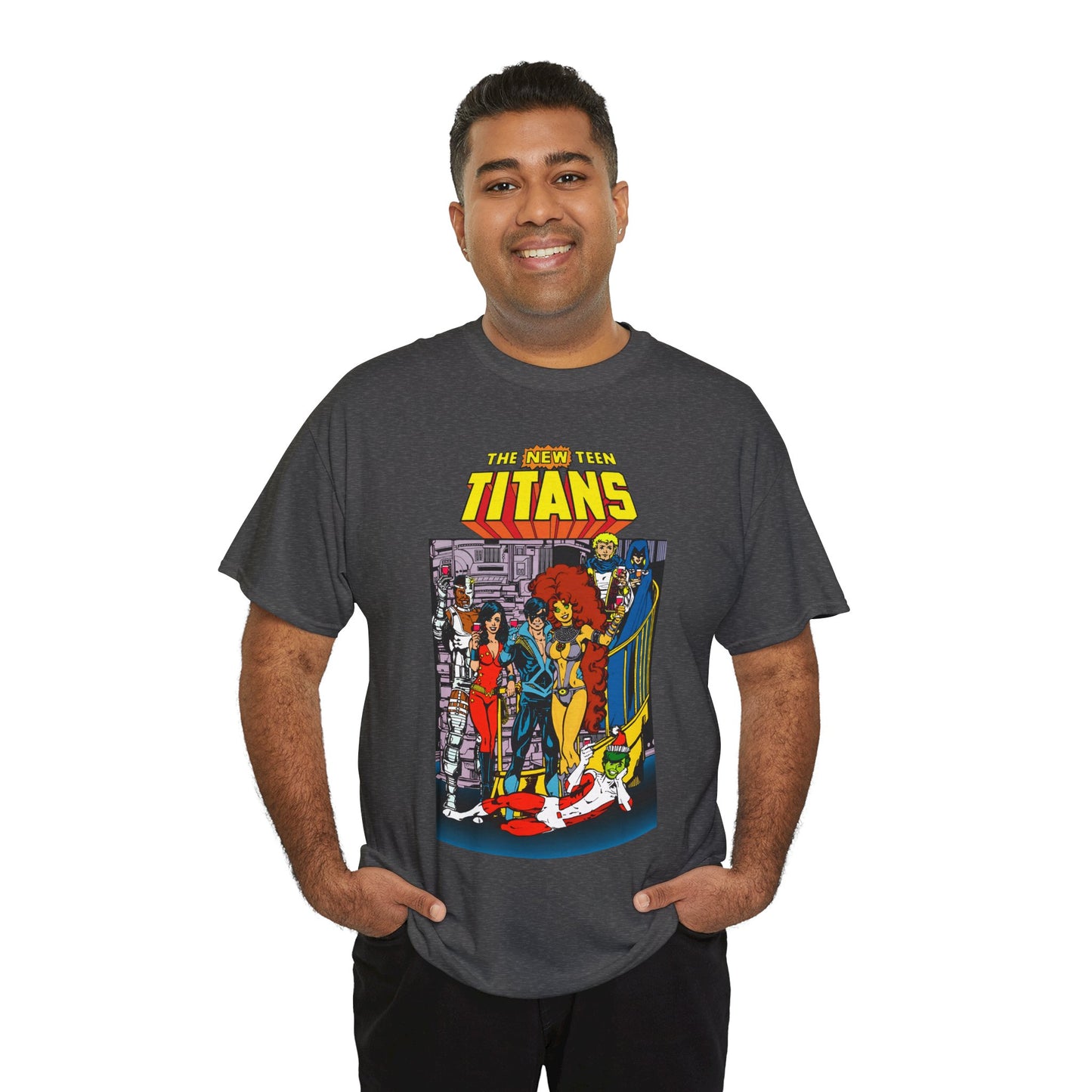 New Teen Titans T-Shirt - George Perez Art - Nightwing, Cyborg, Raven, Starfire, Wonder Girl, Changeling, Jericho - Titans Tower - DC Comics