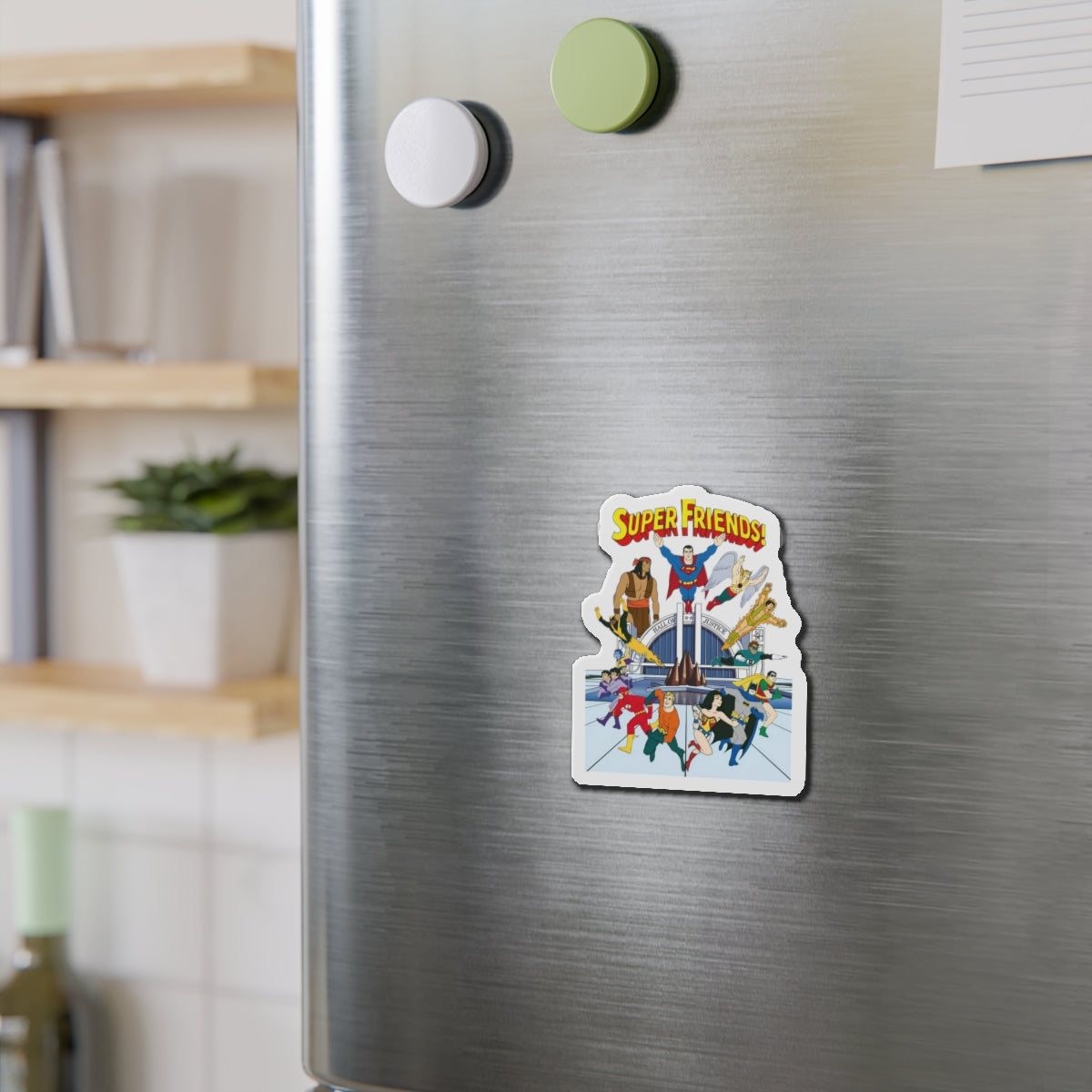 Super Friends Die-Cut Magnet - Beloved 1970s Saturday Morning Cartoon - Superman, Wonder Woman, Flash, Samurai, Green Lantern, Wonder Twins, Black Vulcan, Apache Chief - DC Comics - 3", 4", 5", 6"