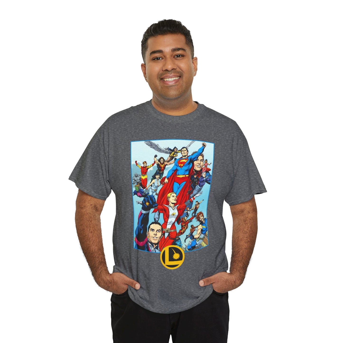 Legion of Super-Heroes T-Shirt - Gary Frank Art - Superman, Saturn Girl, Cosmic Boy, Dawnstar, Brainiac 5, Phantom Girl, Wildfire, Blok, Lightning Lad, Timber Wolf - LOSH - DC Comics