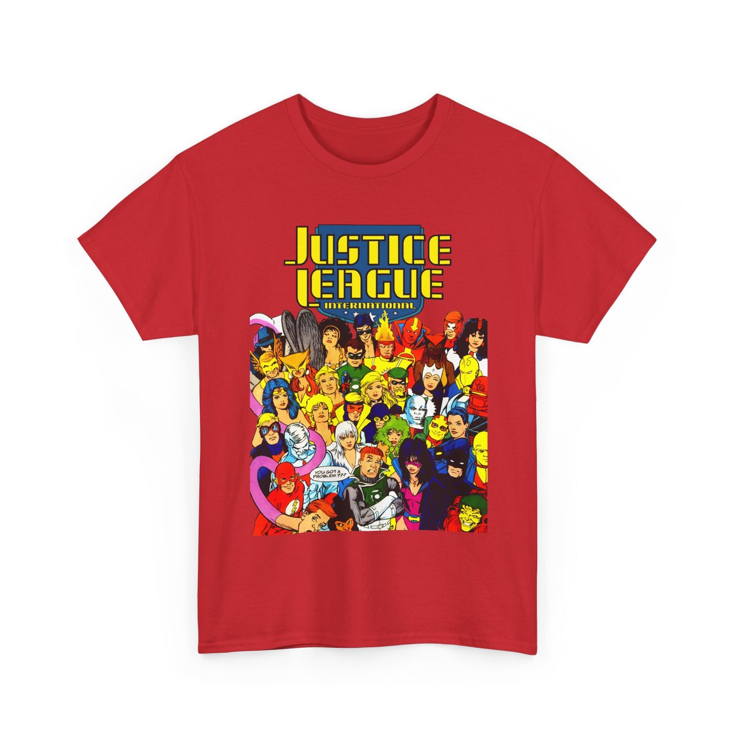 Justice League International T-Shirt - Kevin Maguire DC Comics Sourcebook Art - Booster Gold, Blue Beetle, Batman, Martian Manhunter, Captain Atom, Fire, Ice, Guy Gardner