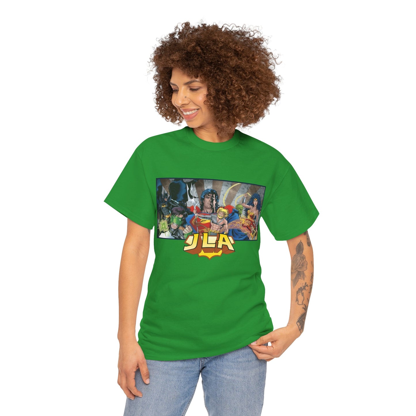 Justice League T-Shirt - Kevin Maguire Art - Superman, Wonder Woman, Batman, Flash, Aquaman, Martian Manhunter, Green Lantern - 90s Lineup - DC Comics