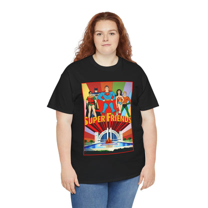 Super Friends T-Shirt - Batman, Superman, Wonder Woman, Robin - Hanna-Barbera Cartoon - DC Comics - Hall of Justice