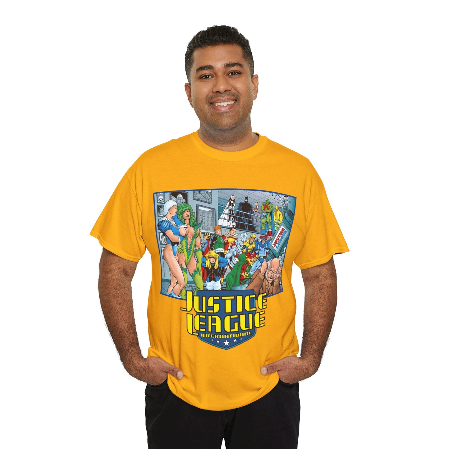 Justice League International T-Shirt - Kevin Maguire Art - Blue Beetle, Booster Gold, Martian Manhunter, Captain Atom, Batman, Fire, Ice - DC Comics - JLI