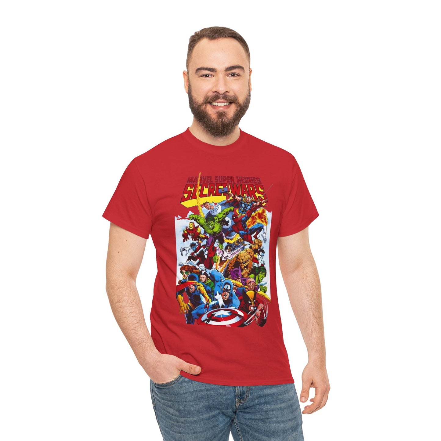 Secret Wars T-Shirt - Spider-man, Wolverine, Iron Man, Captain America, Cyclops, Rogue, Hulk, Mr Fantastic, The Thing - Classic Marvel Comics 1980s Series - The Beyonder