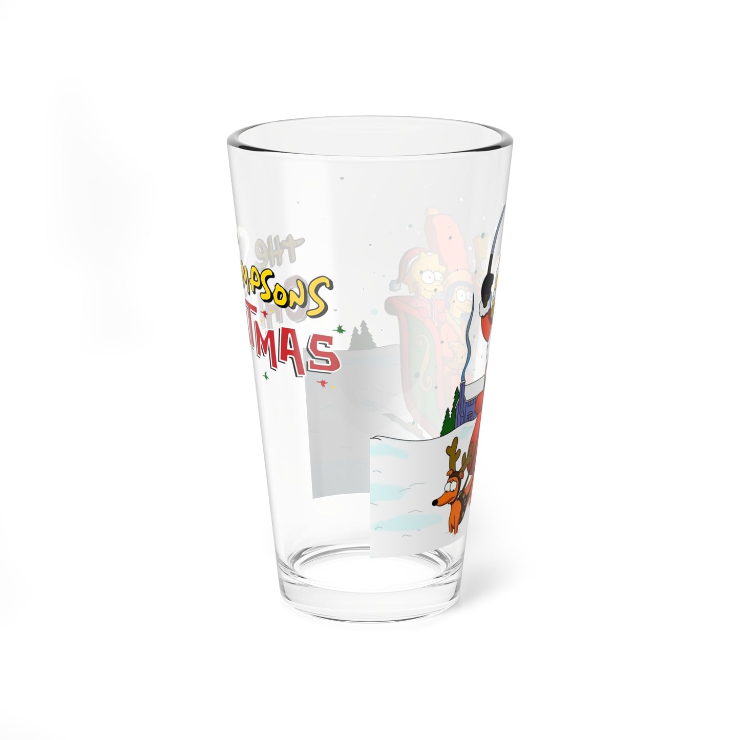 Simpsons Christmas Pint Glass, 16oz - Homer As Santa - Family in Winter Sleigh Traveling Through The Snow