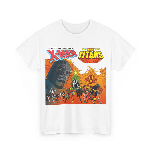X-Men & New Teen Titans T-Shirt - Walt Simonson Art - Marvel & DC Comics Crossover - Wolverine, Raven, Storm, Cyclops, Robin, Cyborg, Colossus, Dark Phoenix, Darkseid