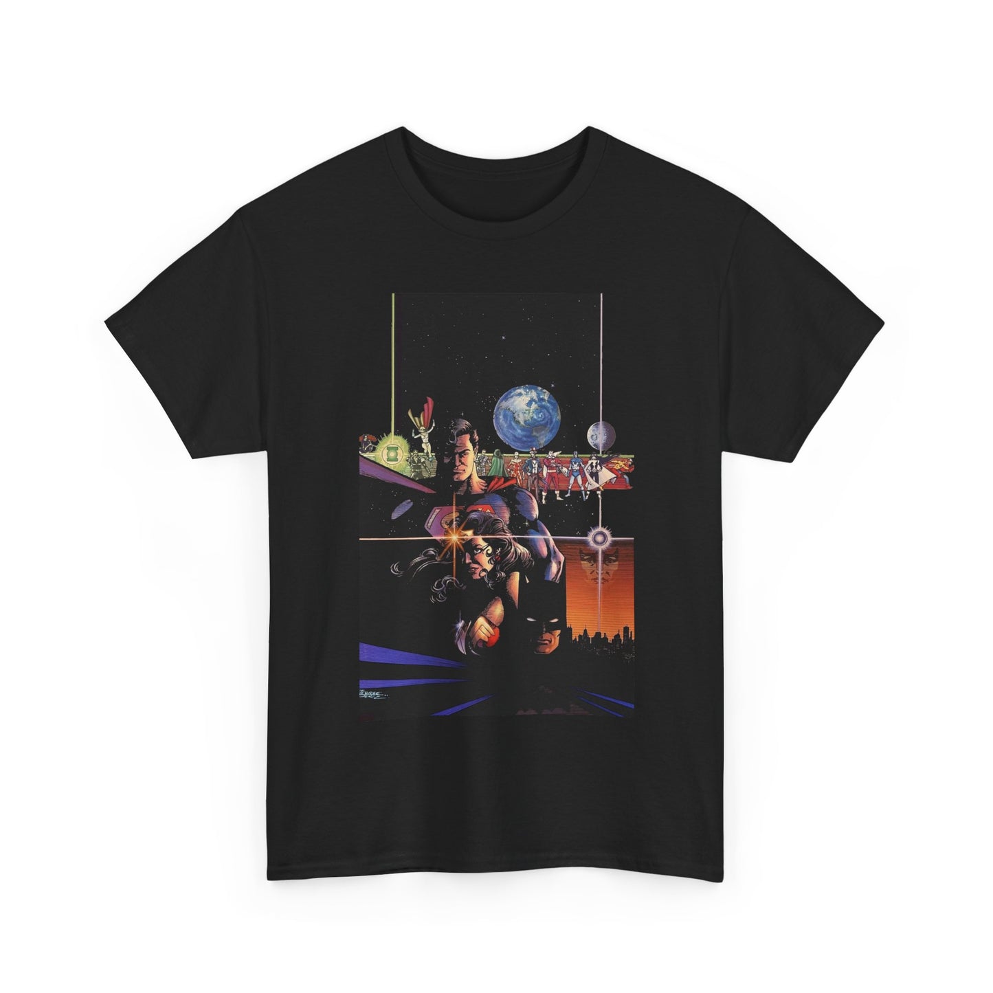 Crisis on Infinite Earths T-Shirt - George Perez Art - Superman, Batman, Wonder Woman, Captain Marvel, Blue Beetle, Kid Flash - Retro 1980s - DC Comics