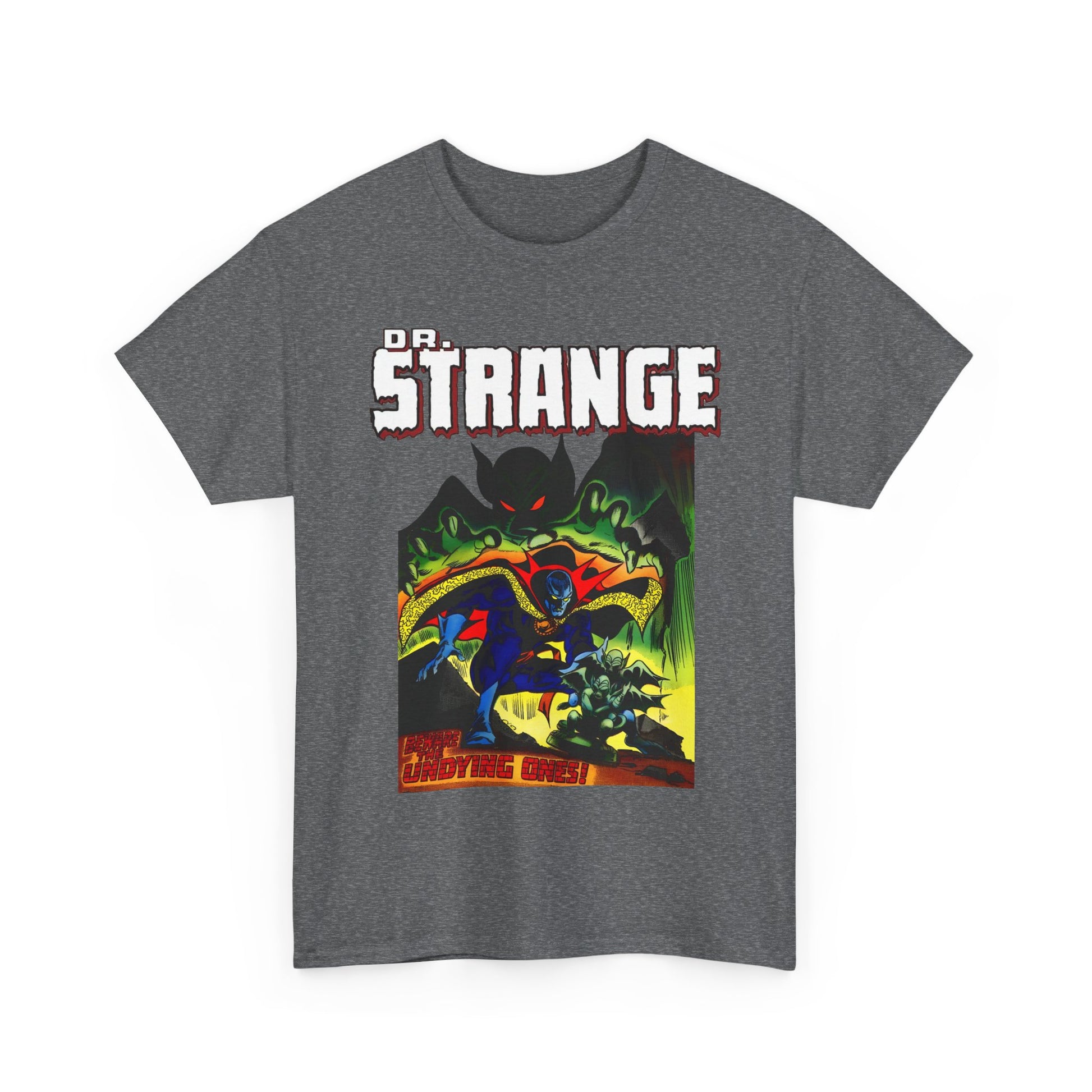 Gray t-shirt with 'Dr. Strange' graphic design on a white background