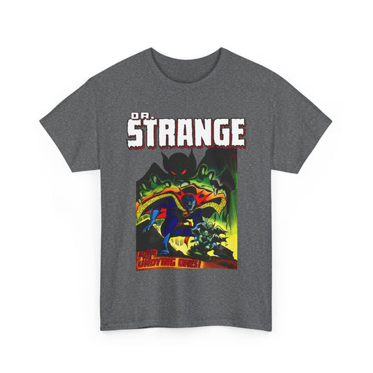 Gray t-shirt with 'Dr. Strange' graphic design on a white background