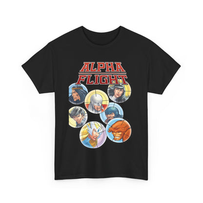 Alpha Flight T-Shirt - John Byrne Art - Guardian, Aurora, Northstar, Sasquatch, Shaman, Puck, Snowbird - Canada's Super Heroes - Marvel Comics