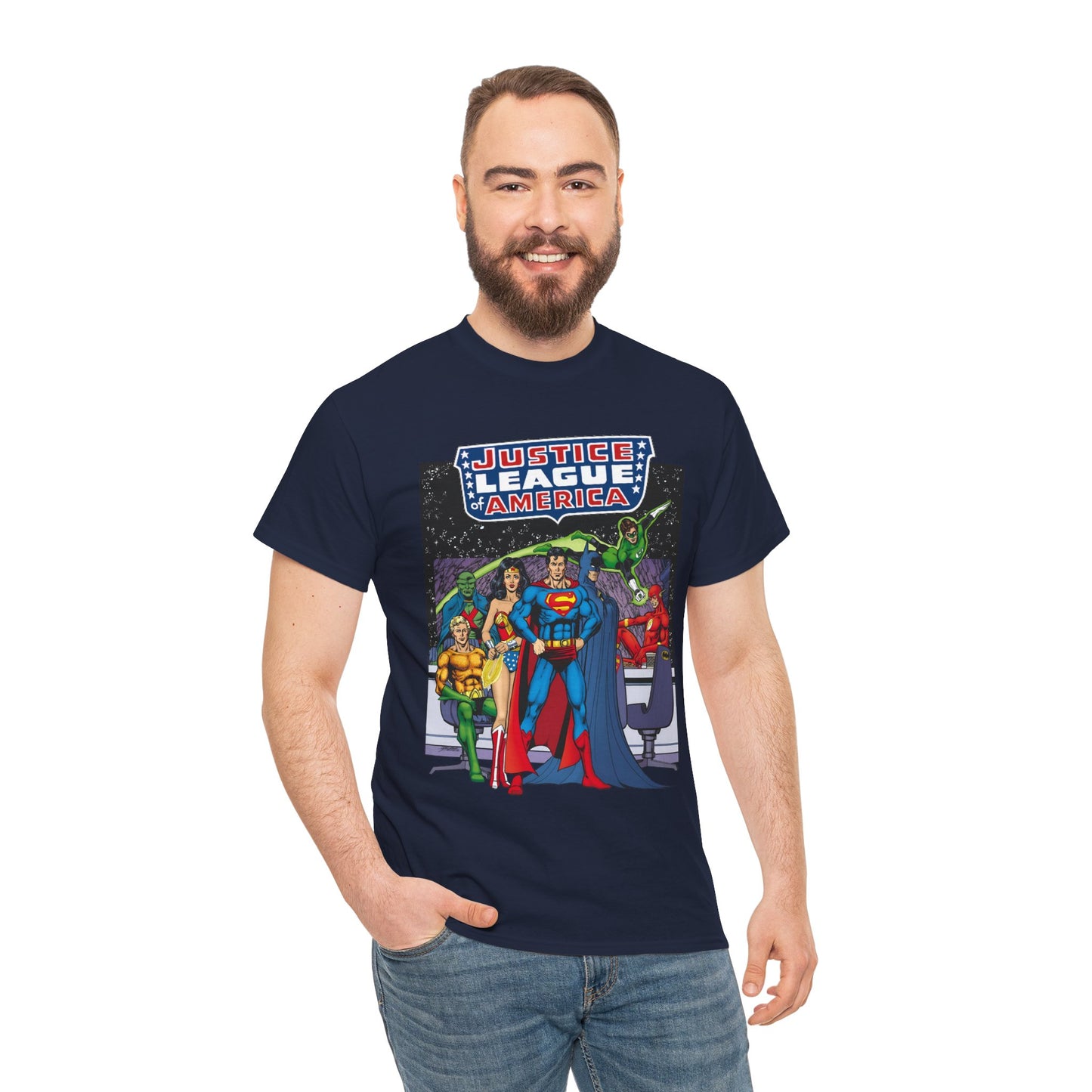 Justice League T-Shirt - George Perez Art - JLA Satellite Era - Superman, Wonder Woman, Green Lantern, Batman, Flash, Aquaman, Martian Manhunter - DC Comics