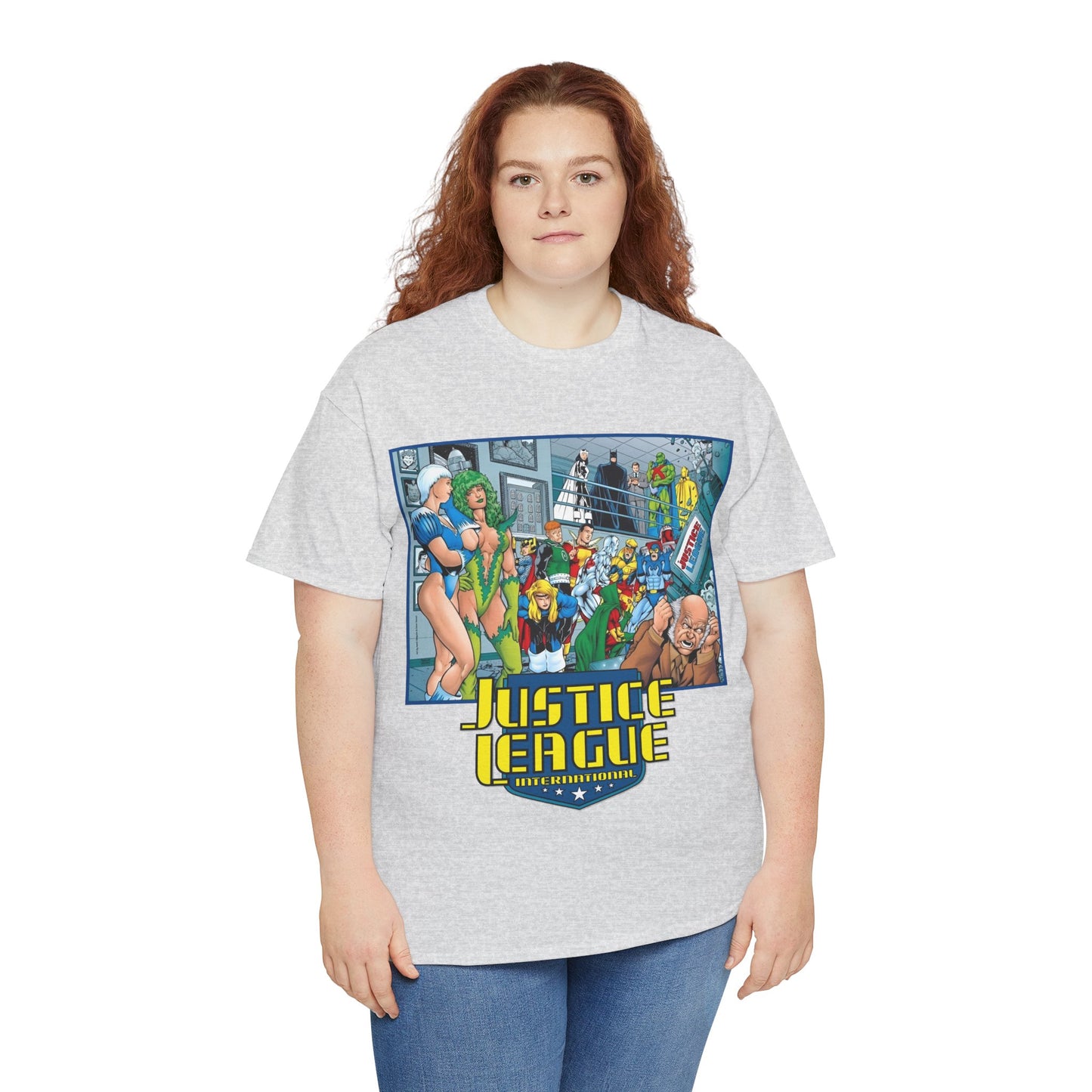 Justice League International T-Shirt - Kevin Maguire Art - Blue Beetle, Booster Gold, Martian Manhunter, Captain Atom, Batman, Fire, Ice - DC Comics - JLI