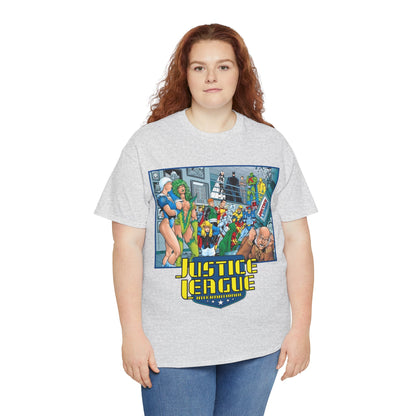 Justice League International T-Shirt - Kevin Maguire Art - Blue Beetle, Booster Gold, Martian Manhunter, Captain Atom, Batman, Fire, Ice - DC Comics - JLI