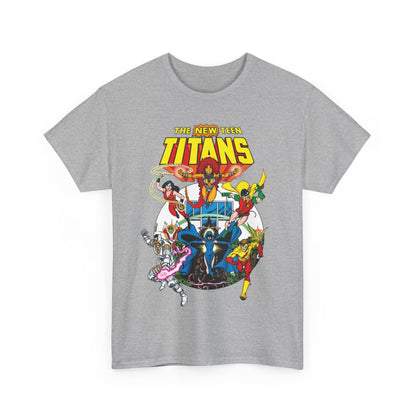 New Teen Titans T-Shirt - Classic George Perez Art - Cyborg, Raven, Starfire, Robin, Wonder Girl, Changeling, Kid Flash - Titans Tower - Popular DC Comics 1980s Series
