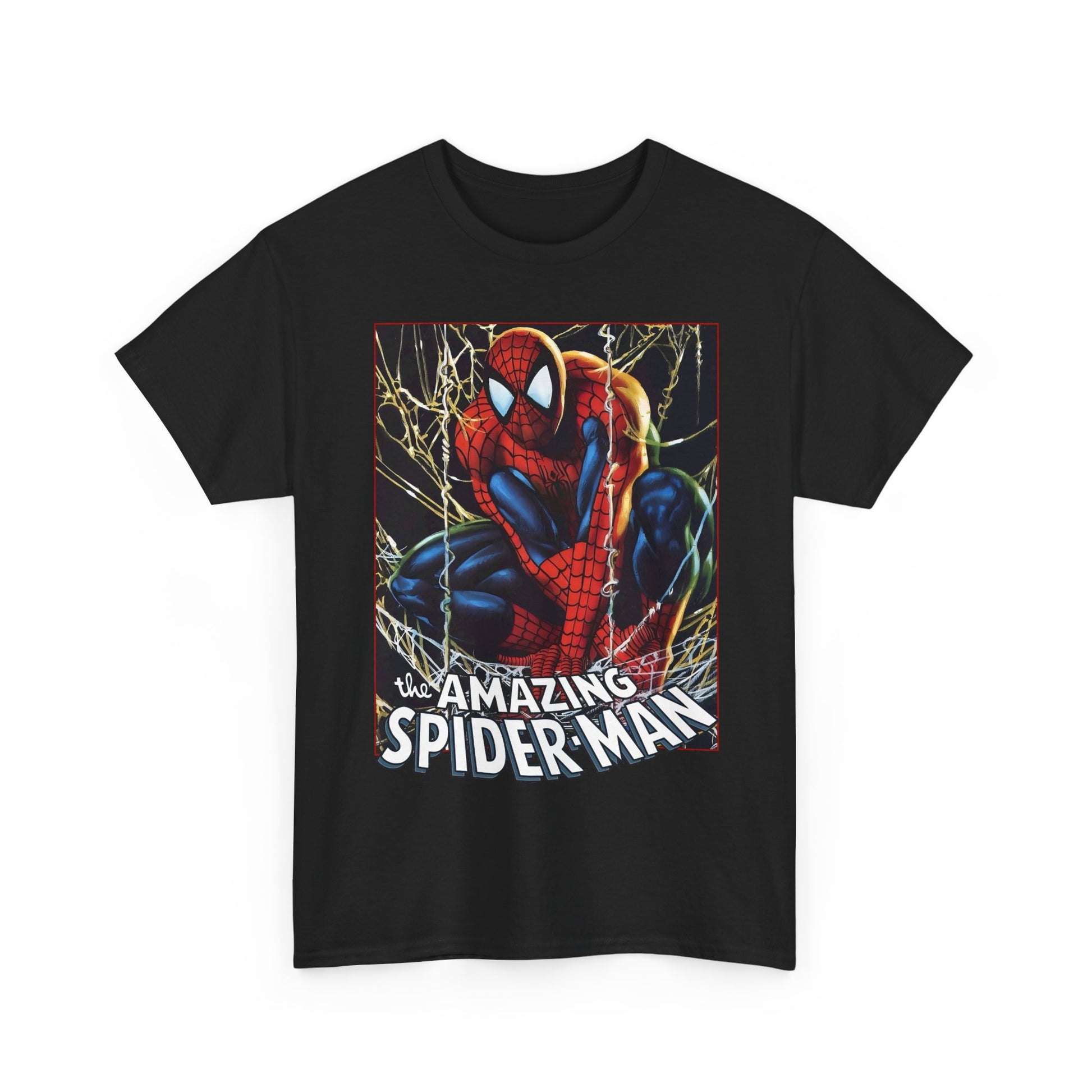 Black t-shirt with 'The Amazing Spider-Man' graphic design on a white background