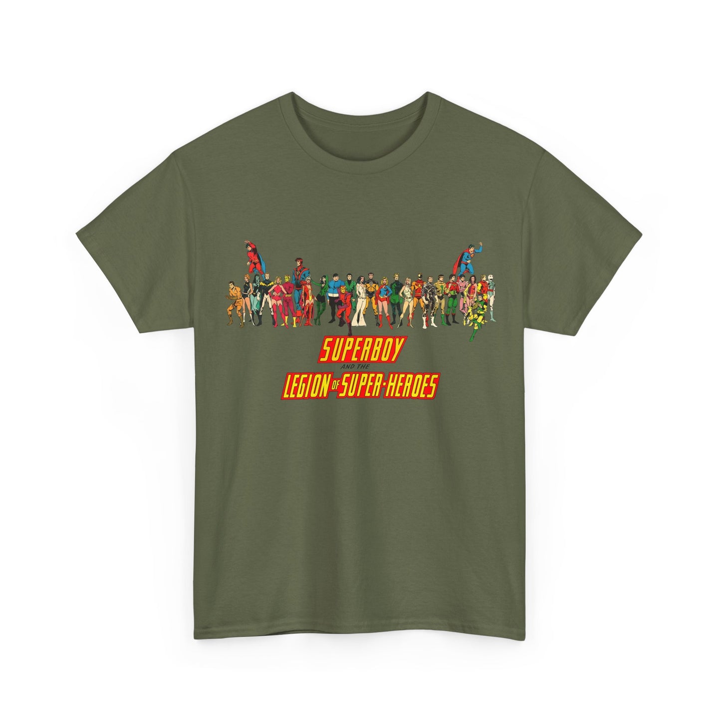 Superboy & Legion of Super-Heroes T-Shirt - 1970s DC Comics Art - Saturn Girl, Lightning Lad, Brainiac 5, Supergirl, Dawnstar, Mon-El, Bouncing Boy, Wildfire - LOSH