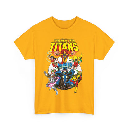 New Teen Titans T-Shirt - Classic George Perez Art - Cyborg, Raven, Starfire, Robin, Wonder Girl, Changeling, Kid Flash - Titans Tower - Popular DC Comics 1980s Series
