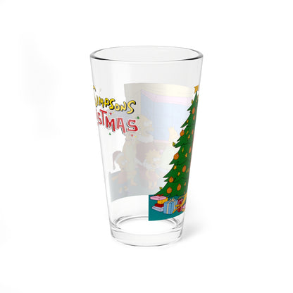 Simpsons Family Christmas Pint Glass, 16oz - Homer, Marge, Bart, Lisa, Maggie, Grandpa, Santa's Little Helper