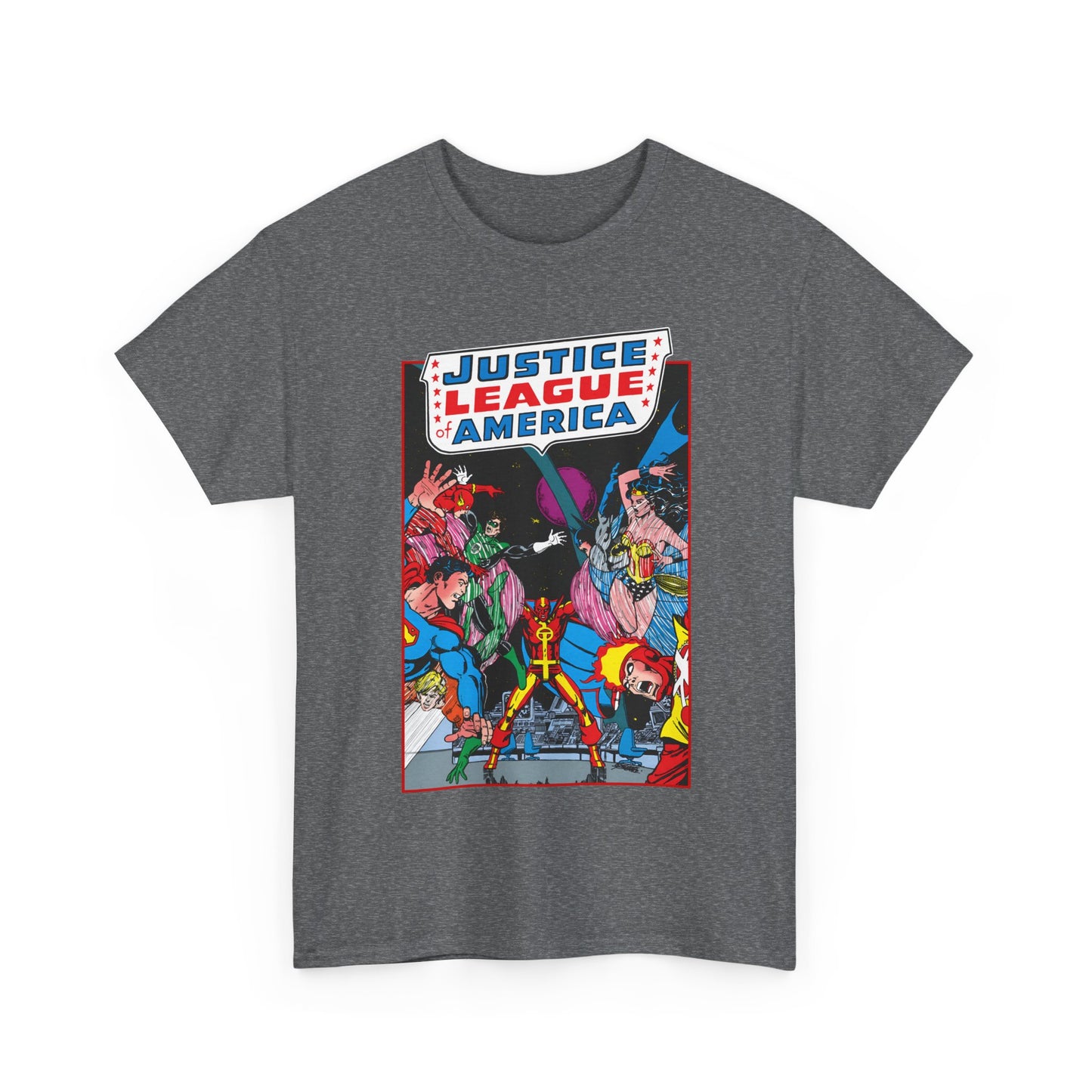 Justice League of America T-Shirt - George Perez Art - 1980s Satellite Era - Superman, Wonder Woman, Firestorm, Green Lantern, Batman - DC Comics