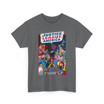 Justice League of America T-Shirt - George Perez Art - 1980s Satellite Era - Superman, Wonder Woman, Firestorm, Green Lantern, Batman - DC Comics