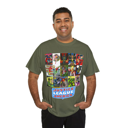 JLA Postcard T-Shirt - George Perez Art - Zatanna, Green Lantern, Flash, Batman, Hawkman, Wonder Woman, Firestorm - Justice League of America - DC Comics