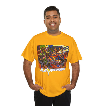 Avengers Vs JLA T-Shirt - Stunning George Perez Art - Marvel & DC Comics Crossover - Thor, Superman, Wonder Woman, Hercules, Iron Man, Batman, Black Canary, Scarlet Witch, Wonder Man, Martian Manhunter