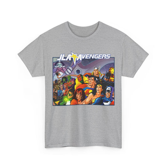 JLA/Avengers T-Shirt - George Perez Art - Wonder Woman, Scarlet Witch, Batman, Thor, Iron Man, Superman - DC Comics, Marvel Comics