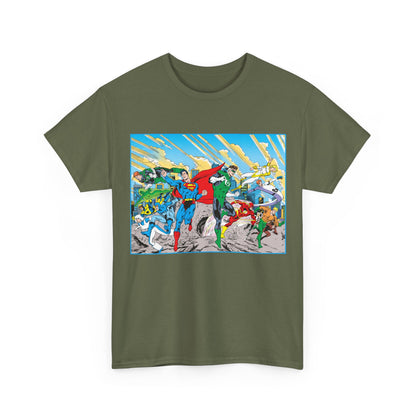 Justice League America/Europe T-Shirt - Dan Jurgens Art - Superman, Blue Beetle, Booster Gold, Green Lantern, Aquaman, Power Girl, Guy Gardner, Flash - DC Comics