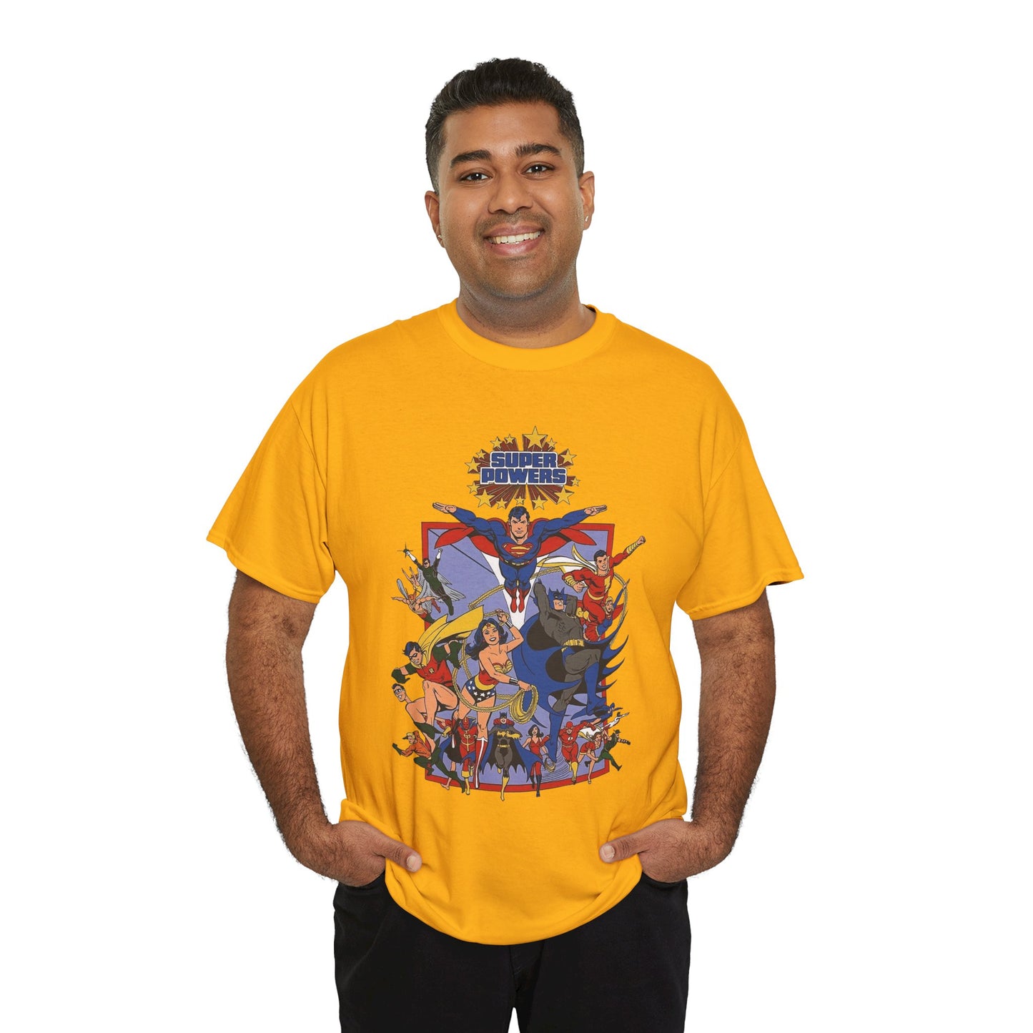 Super Powers T-Shirt - Superman, Flash, Wonder Woman, Batman, Batgirl, Robin, Plastic Man, Aquaman, Hawkman, Supergirl - 1980s Kenner Toy Line - Retro DC Comics