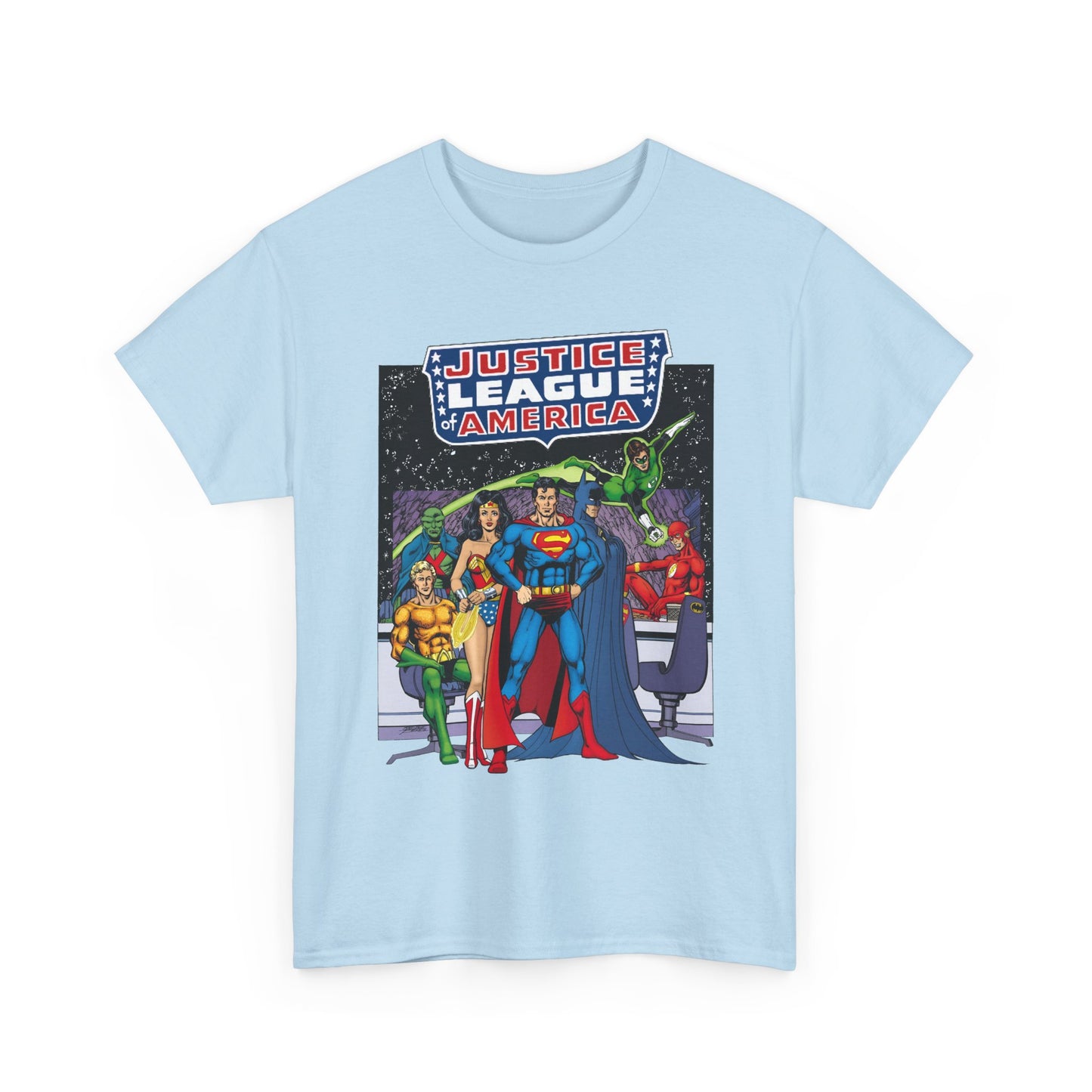 Justice League T-Shirt - George Perez Art - JLA Satellite Era - Superman, Wonder Woman, Green Lantern, Batman, Flash, Aquaman, Martian Manhunter - DC Comics