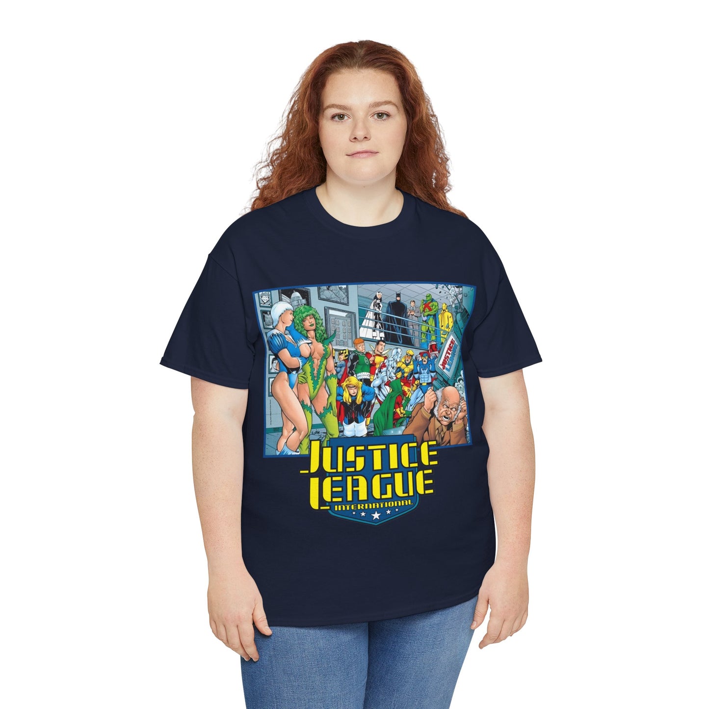 Justice League International T-Shirt - Kevin Maguire Art - Blue Beetle, Booster Gold, Martian Manhunter, Captain Atom, Batman, Fire, Ice - DC Comics - JLI