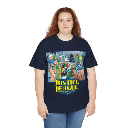 Justice League International T-Shirt - Kevin Maguire Art - Blue Beetle, Booster Gold, Martian Manhunter, Captain Atom, Batman, Fire, Ice - DC Comics - JLI