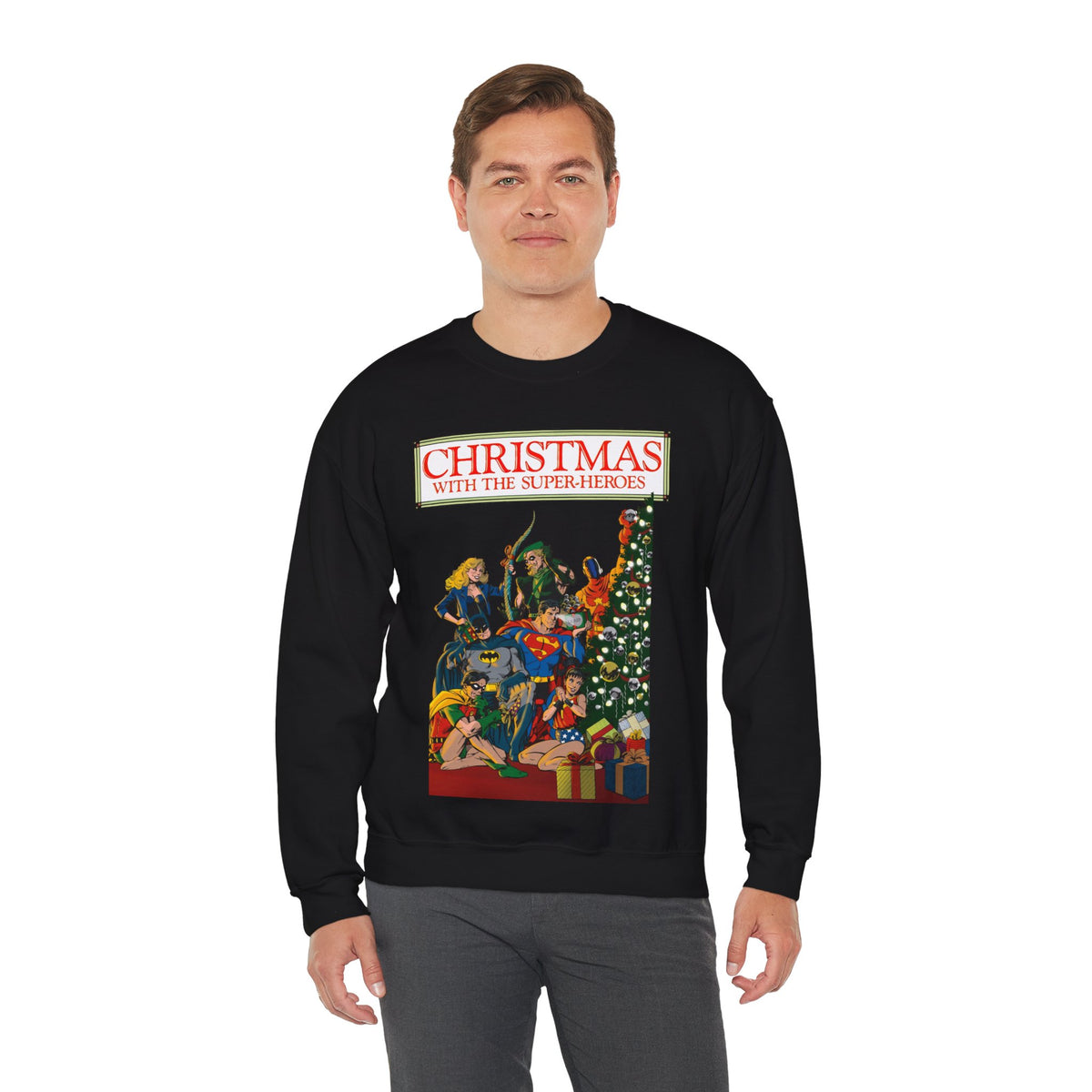 Christmas With the DC Super-Heroes Heavy Blend Crewneck Sweatshirt - Superman, Batman, Green Arrow, Black Canary - Festive Holiday Shirt