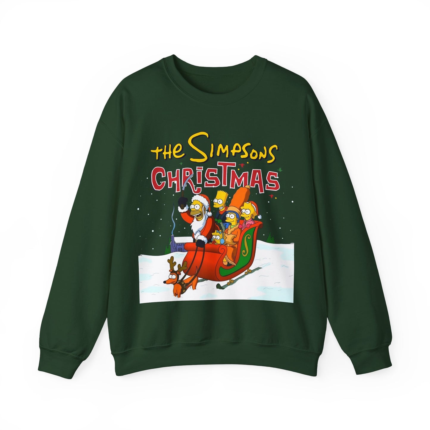 Simpsons Family Christmas Crewneck Sweatshirt - Homer, Marge, Bart, Lisa, Maggie - Riding a Christmas Sleigh Through the Winter Snow