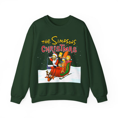 Simpsons Family Christmas Crewneck Sweatshirt - Homer, Marge, Bart, Lisa, Maggie - Riding a Christmas Sleigh Through the Winter Snow