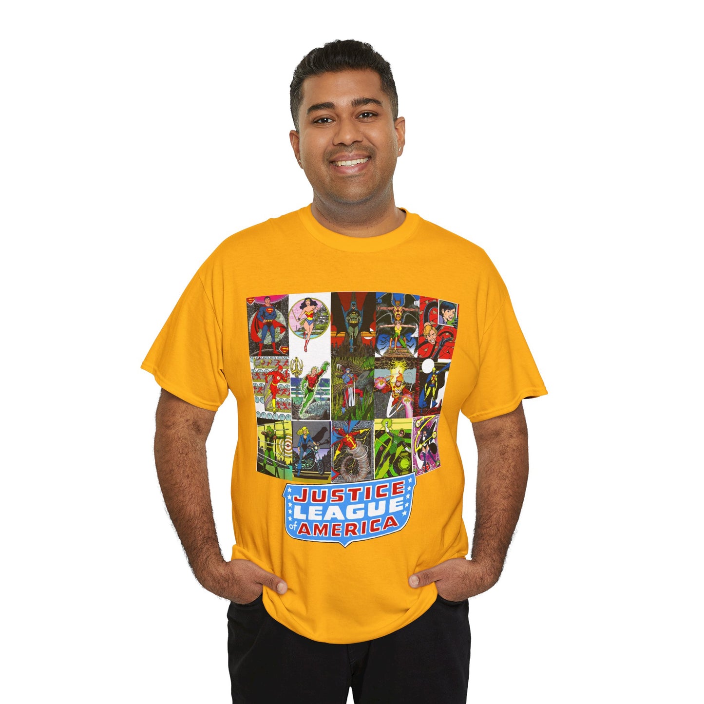 JLA Postcard T-Shirt - George Perez Art - Zatanna, Green Lantern, Flash, Batman, Hawkman, Wonder Woman, Firestorm - Justice League of America - DC Comics