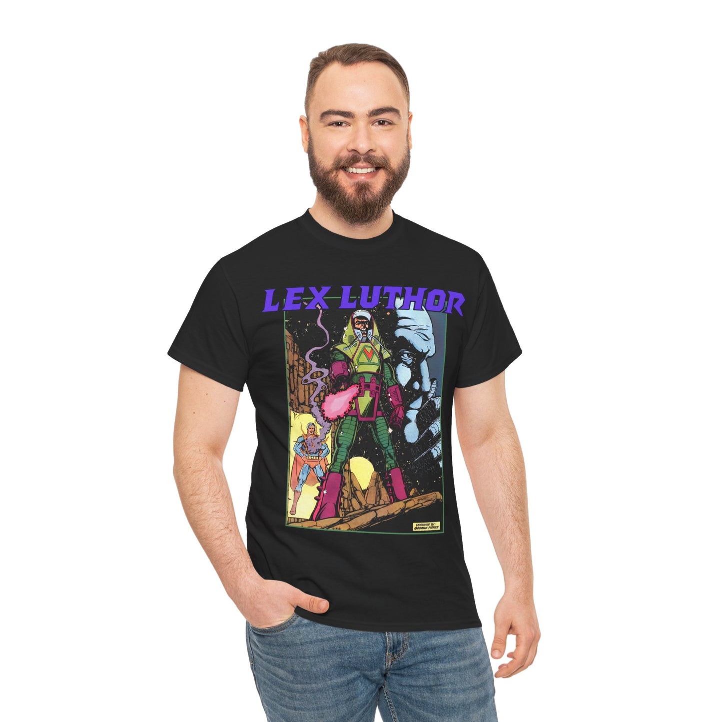 Lex Luthor T-Shirt - George Perez Art - 1980s DC Comics - Action Comics Armor - Inspiration for Super Powers Figure - Superman Enemy
