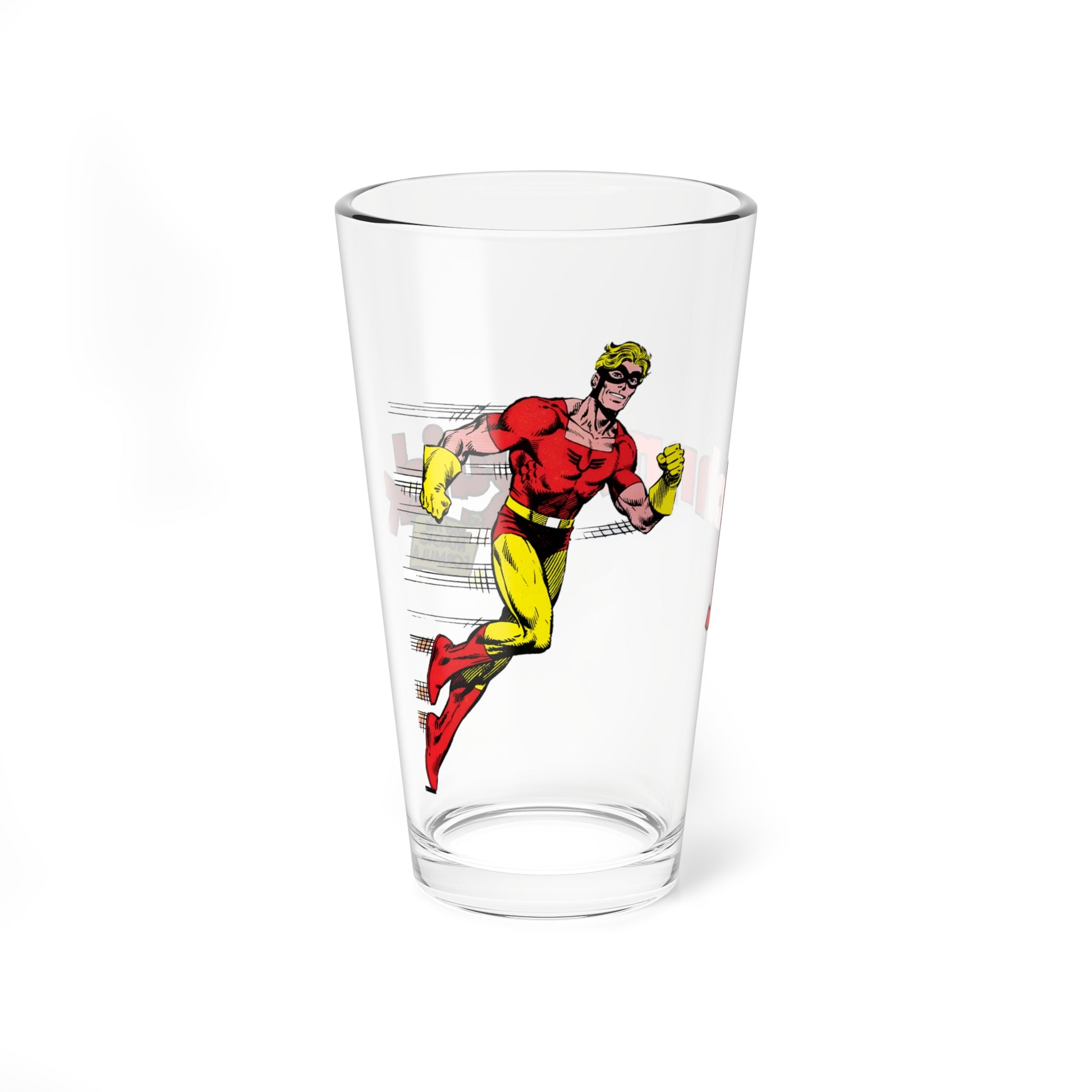 Clear pint glass with a Johnny Quick design on a white background