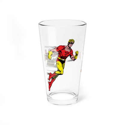 Clear pint glass with a Johnny Quick design on a white background