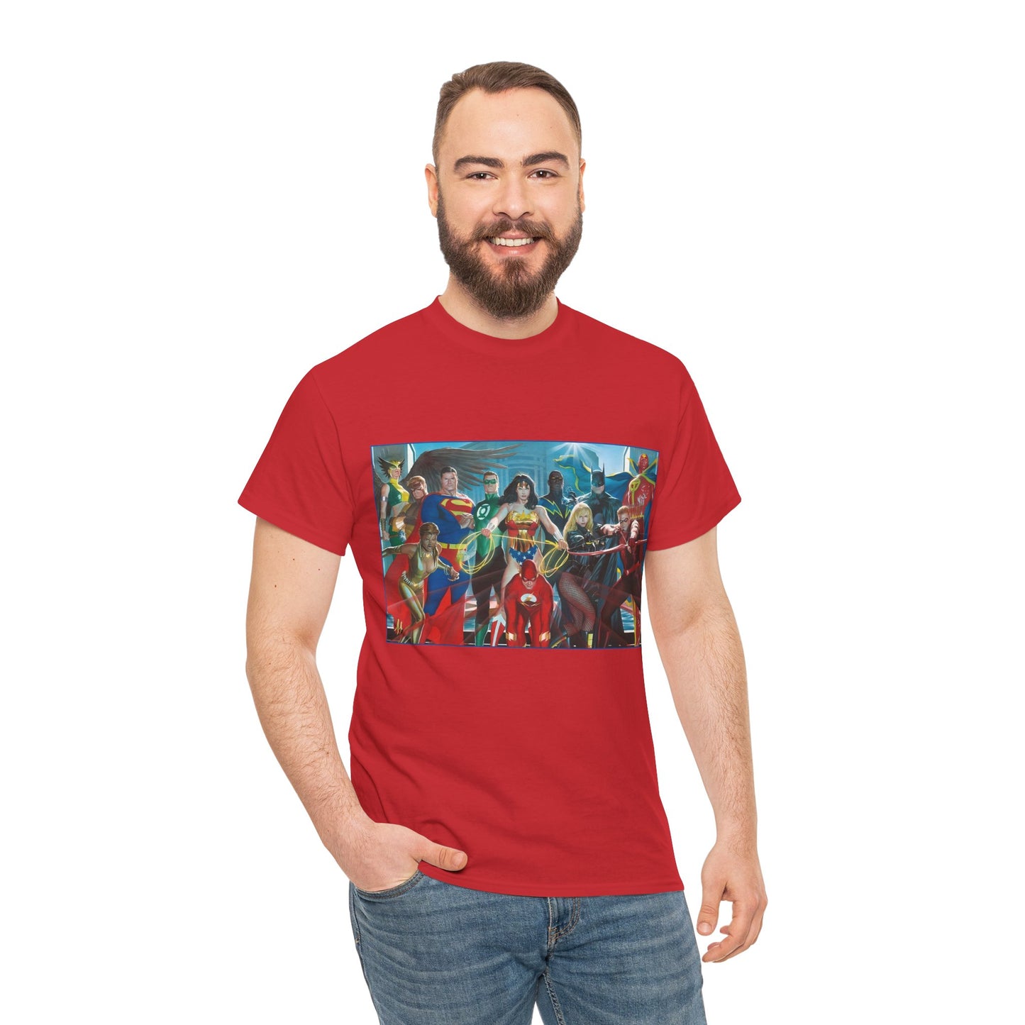 Justice League T-Shirt - Alex Ross Art - Superman, Wonder Woman, Batman, Flash, Black Canary, Vixen, Black Lightning, Green Lantern, Geo-Force, Red Tornado - DC Comics