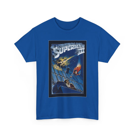 Blue t-shirt with Superman III movie poster design on a white background